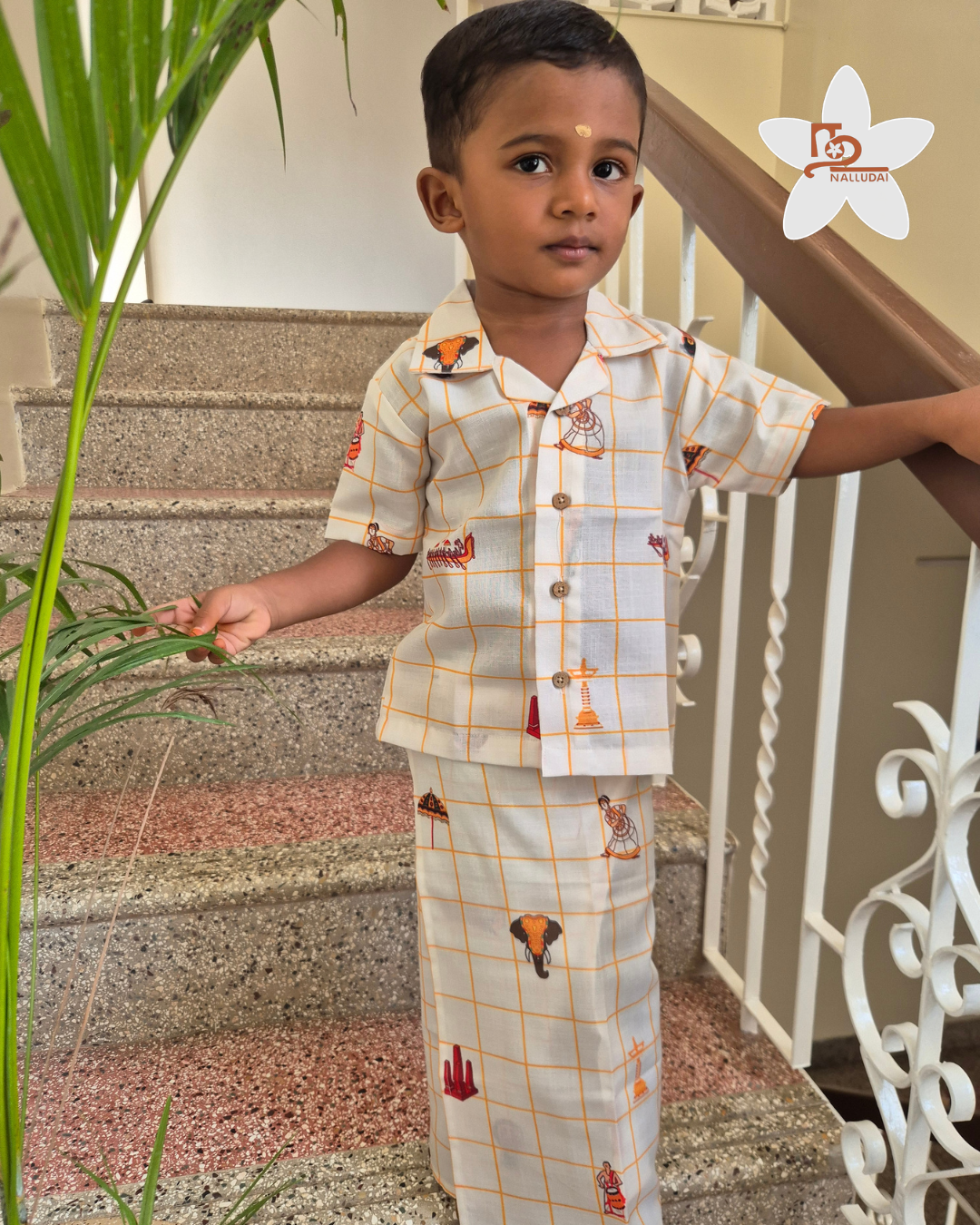 Onam Checks Cotton Linen Blend Shirt with Veshti