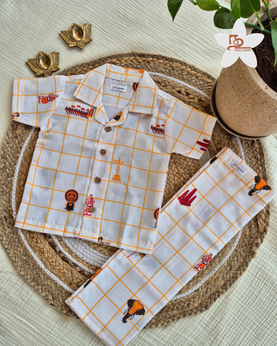 Onam Checks Cotton Linen Blend Shirt with Veshti