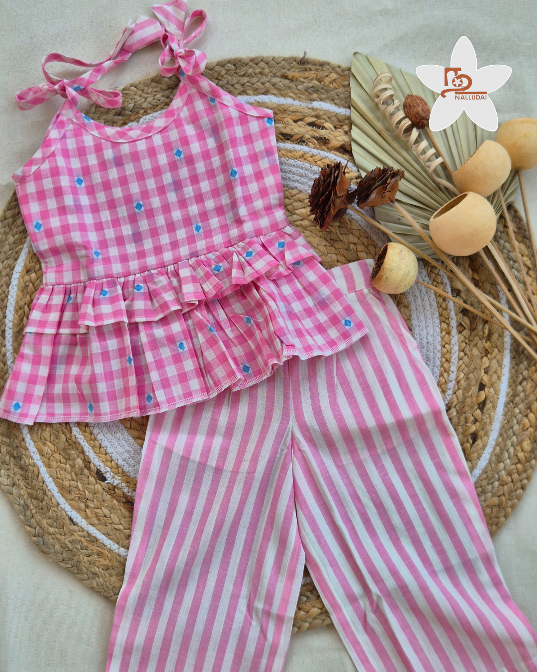 Pink Box Check Frill Top with Palazzo Pants Co-ord set
