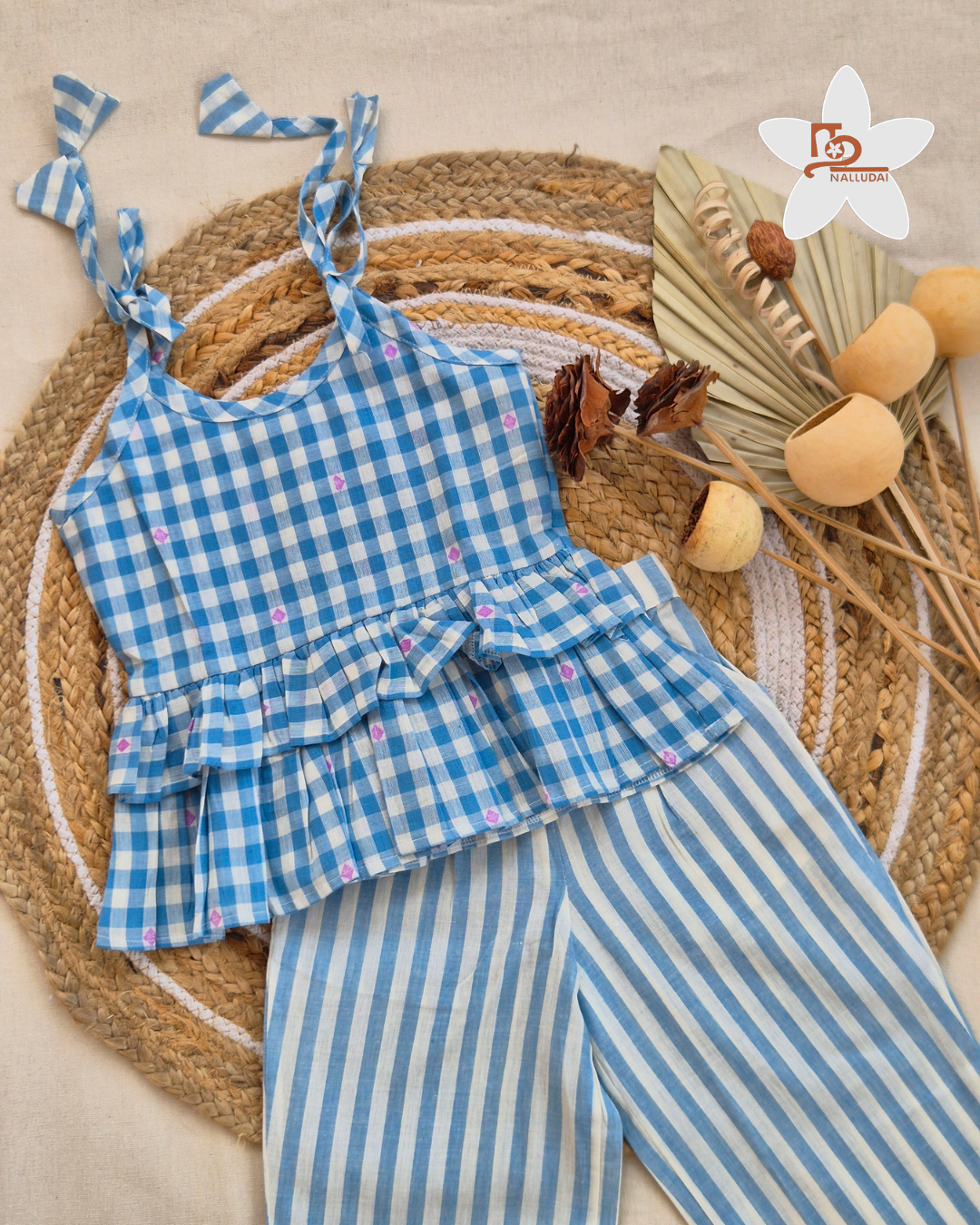 Blue Box Check Frill Top with Palazzo Pants Co-ord set