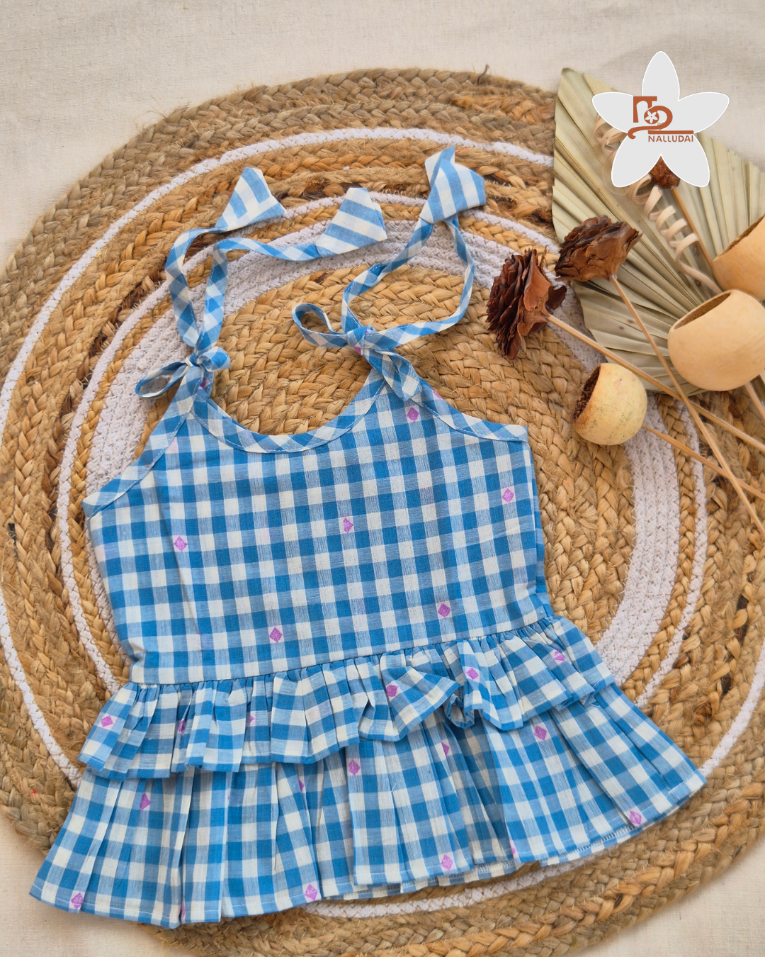 Blue Box Check Frill Top with Palazzo Pants Co-ord set