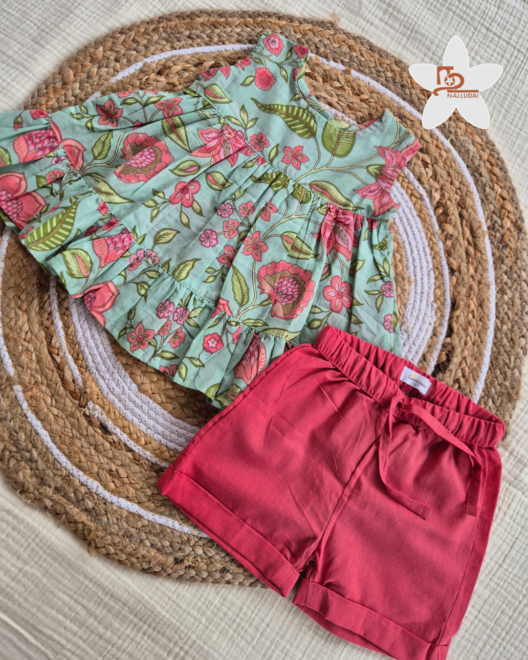 Mint Bloom Floral Top & Berry Pink Shorts set
