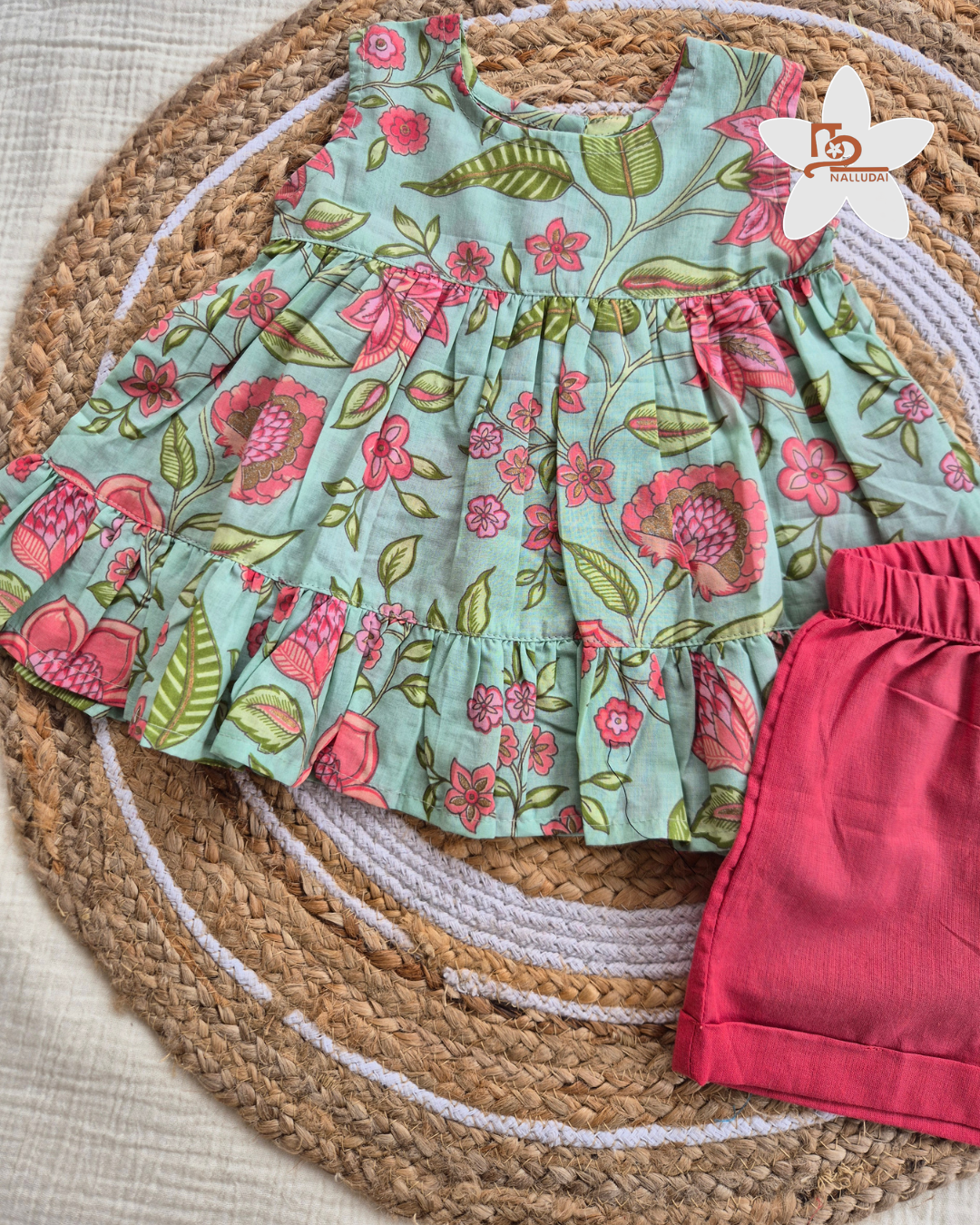 Mint Bloom Floral Top & Berry Pink Shorts set