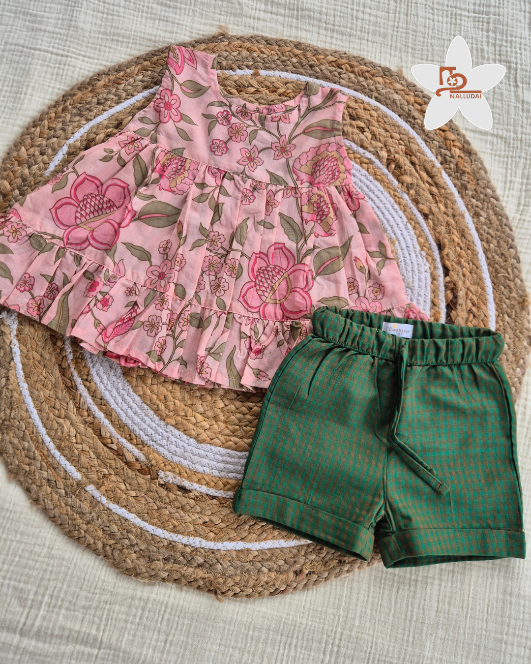 Blush Pink Floral Top & Forest Check Cotton Shorts Set