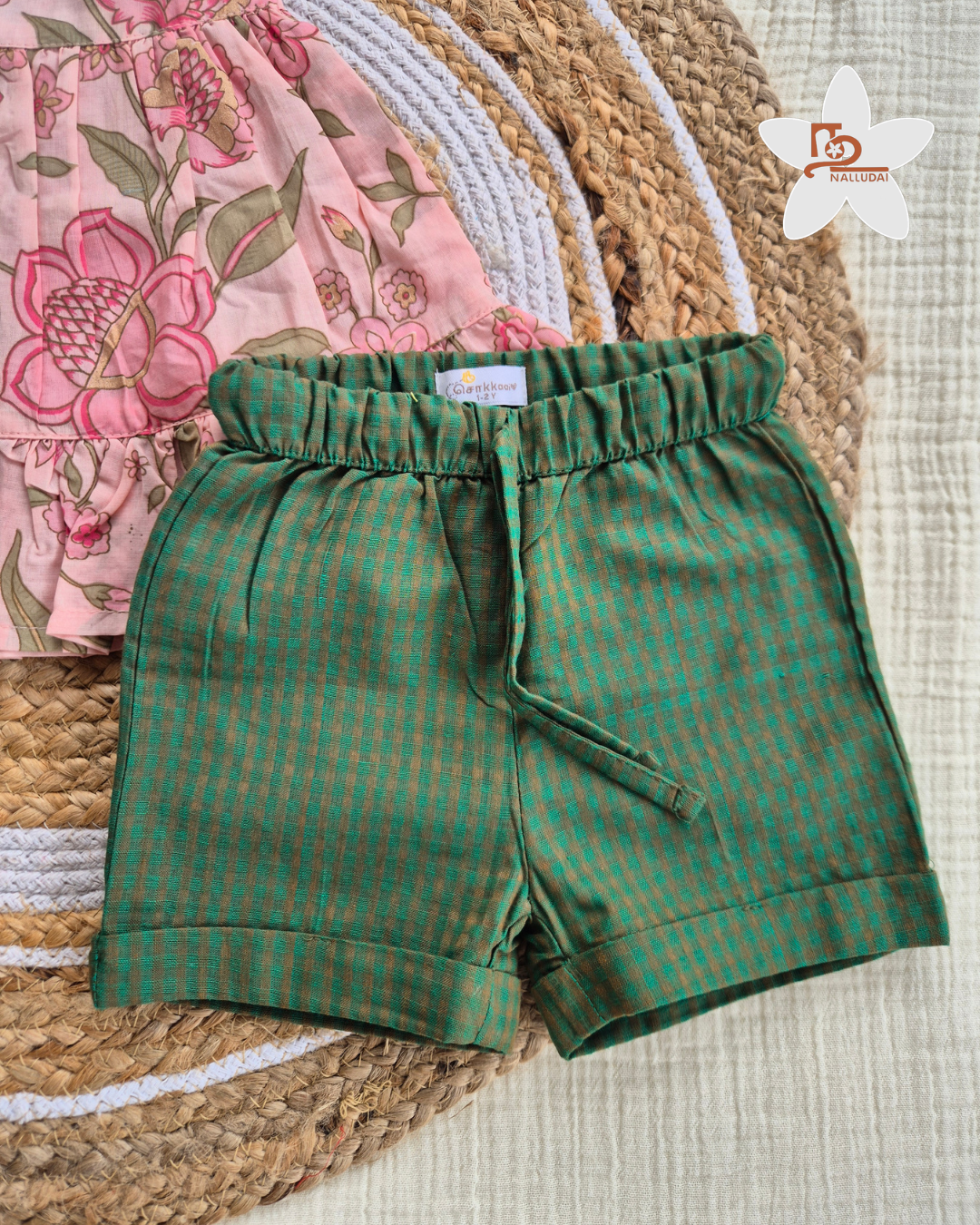 Blush Pink Floral Top & Forest Check Cotton Shorts Set