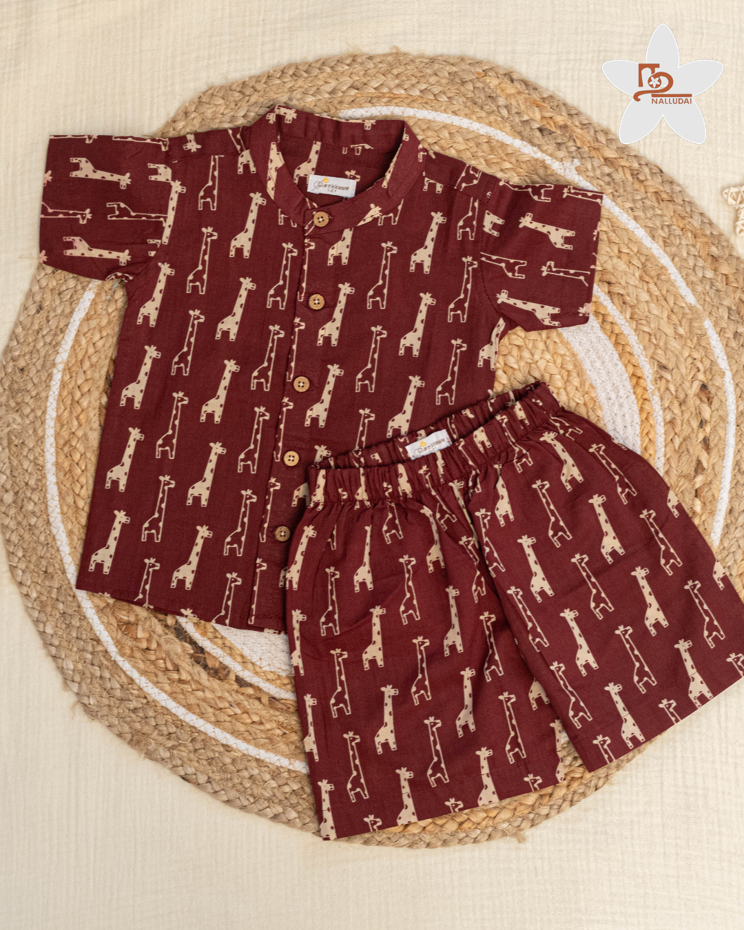 Maroon Giraffe Trail Mandarin Collar Co-ord set