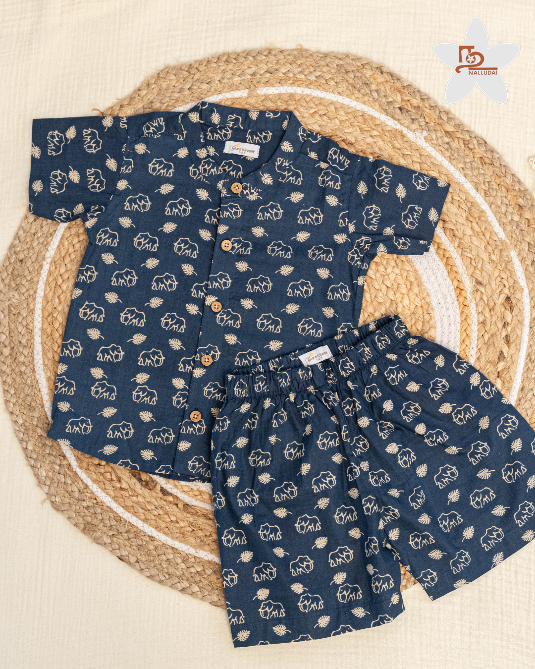 Navy Elephant Safari Mandarin Collar Co-ord set